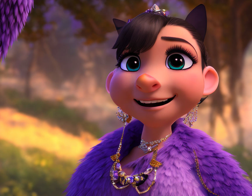 Blue-eyed 3D animated character in purple coat with gold jewelry, smiling in forest.