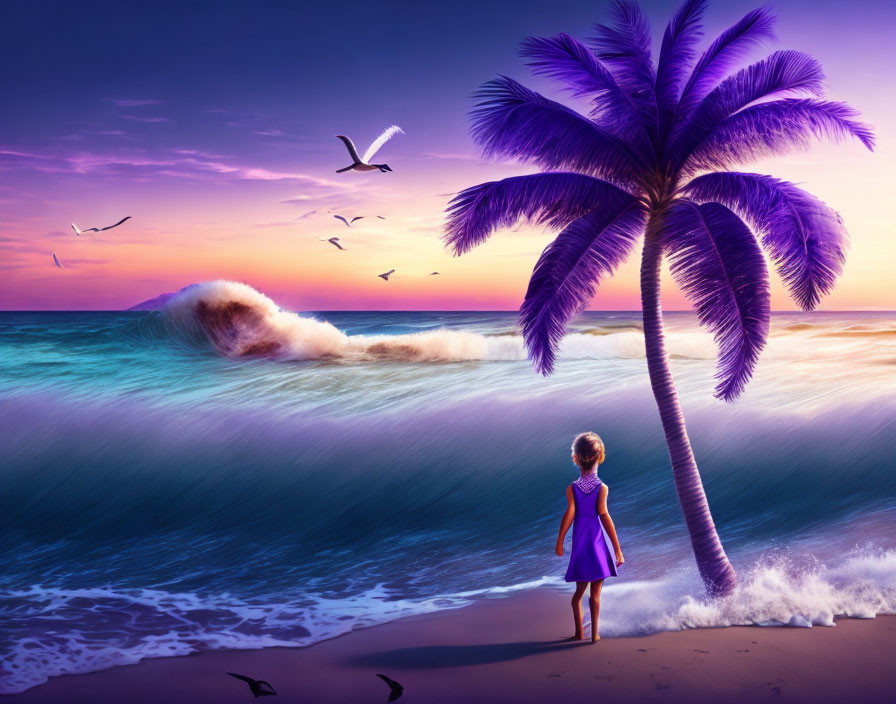 Girl in Purple Dress Watching Sunset by the Sea with Palm Tree and Seagulls