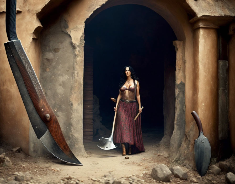 Warrior woman in ancient corridor with oversized weapons