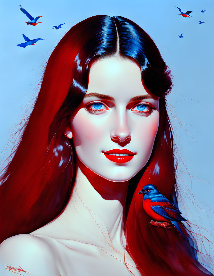 Digital Artwork: Woman with Red Hair and Blue Eyes, Blue Bird on Shoulder