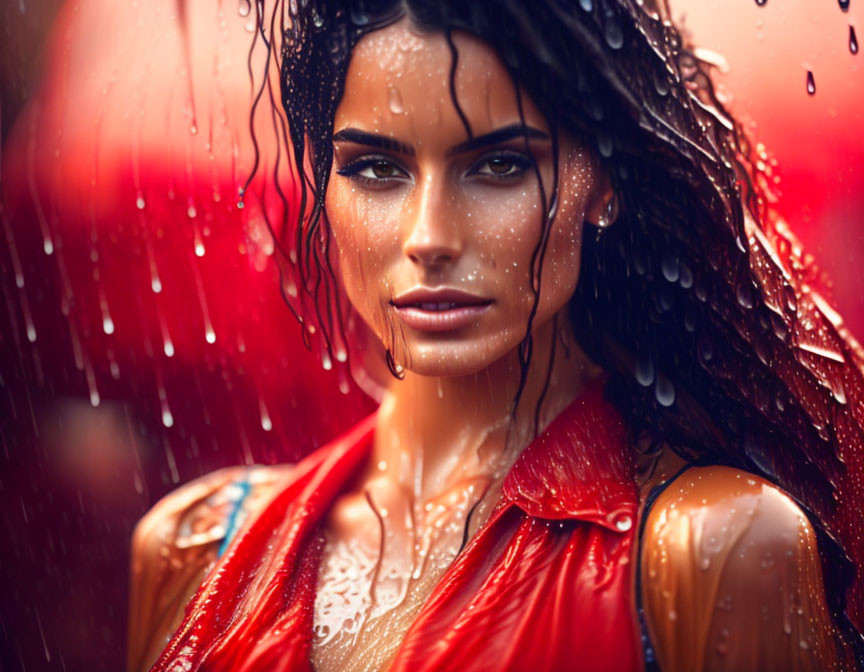 Woman with wet hair and raindrops in red outfit with golden detail.