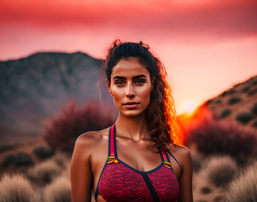 Athletic woman posing at sunset with vibrant sky and mountain backdrop