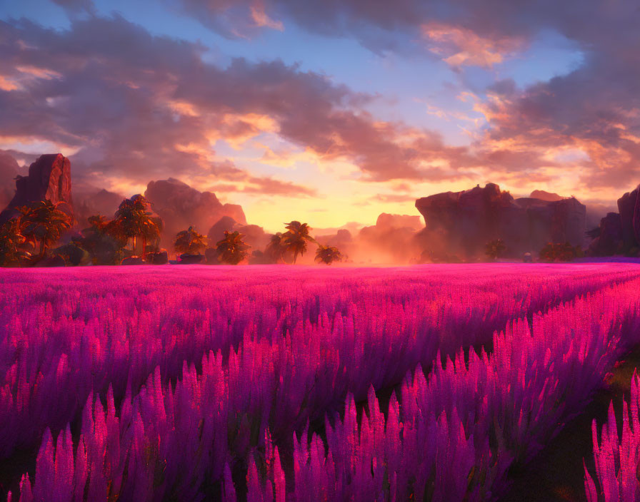 Majestic sunset over vibrant lavender field