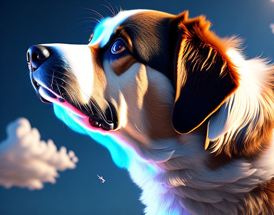 Vivid Digital Art: Colorful Dog with Glowing Outline and Airplane