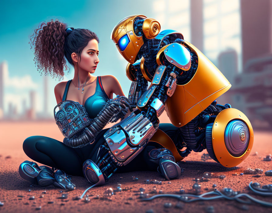 Cybernetic woman and humanoid robot in futuristic cityscape