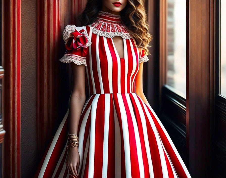 Woman in Red & White Striped Dress by Window with Red Drapes