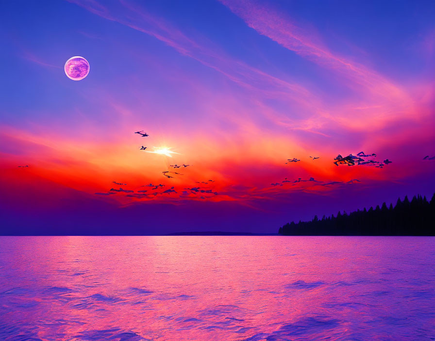 Purple and Orange Sunset with Full Moon and Birds Silhouettes