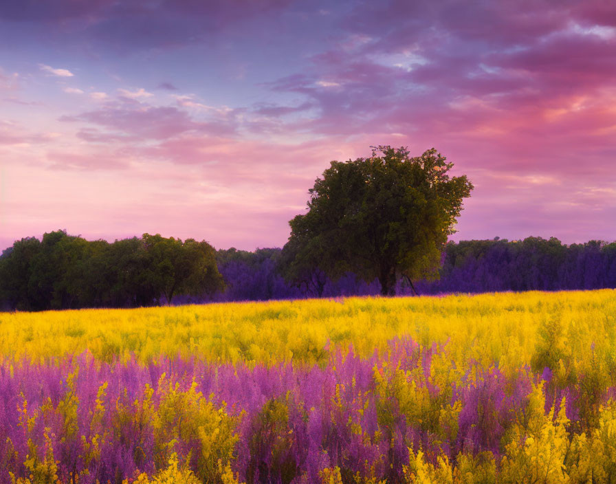 Colorful Sunset Sky Over Field of Wildflowers with Solitary Tree