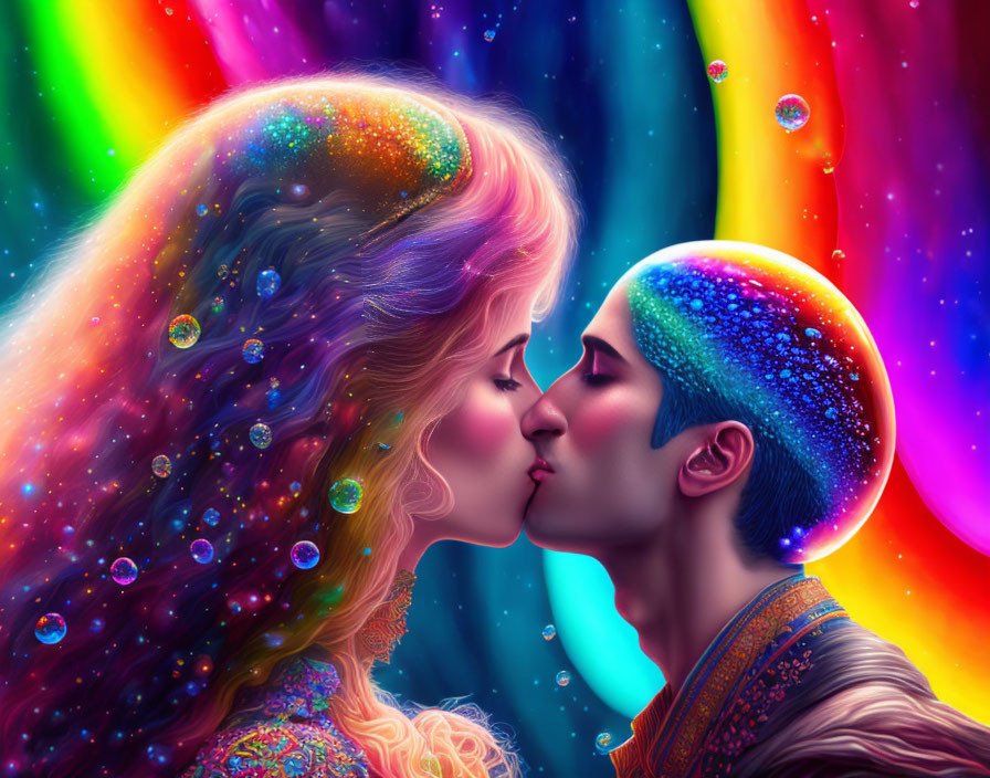 Colorful cosmic kiss with vibrant rainbow background