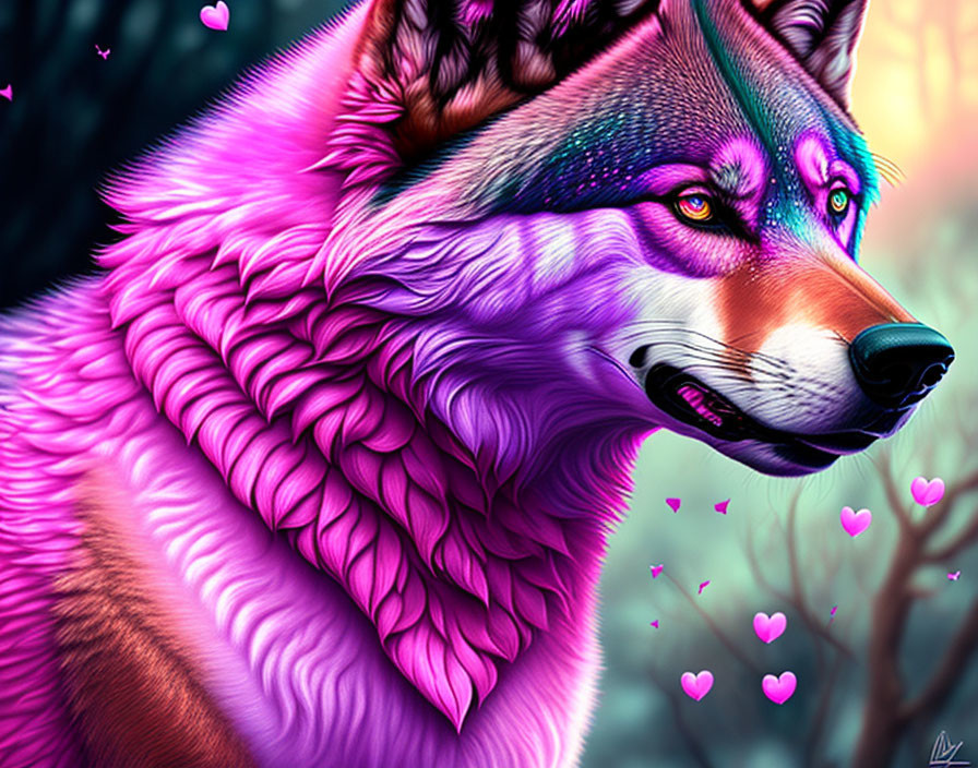 Stylized wolf illustration with pink fur and purple highlights