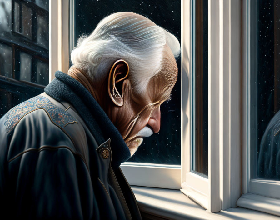 Elderly person in blue coat with hearing aid gazes out window at night