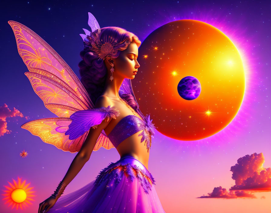 Colorful Fairy Illustration with Translucent Wings and Celestial Sunset Sky