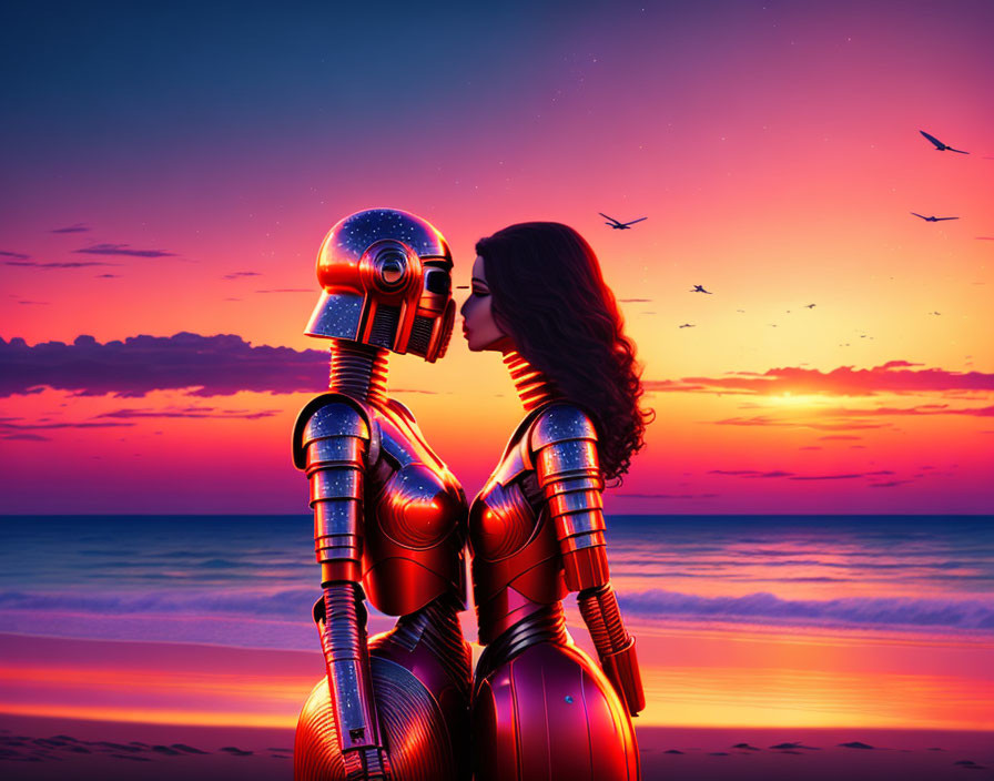 Humanoid robot and human kissing at sunset beach with birds - Digital artwork