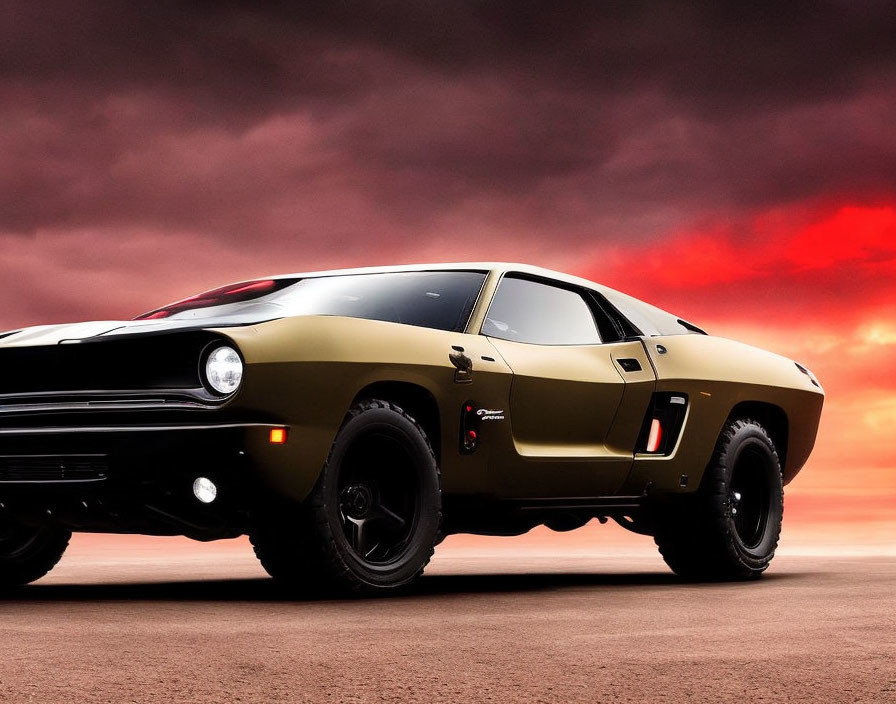 Vintage Black and Gold Muscle Car Against Dramatic Red and Orange Sky