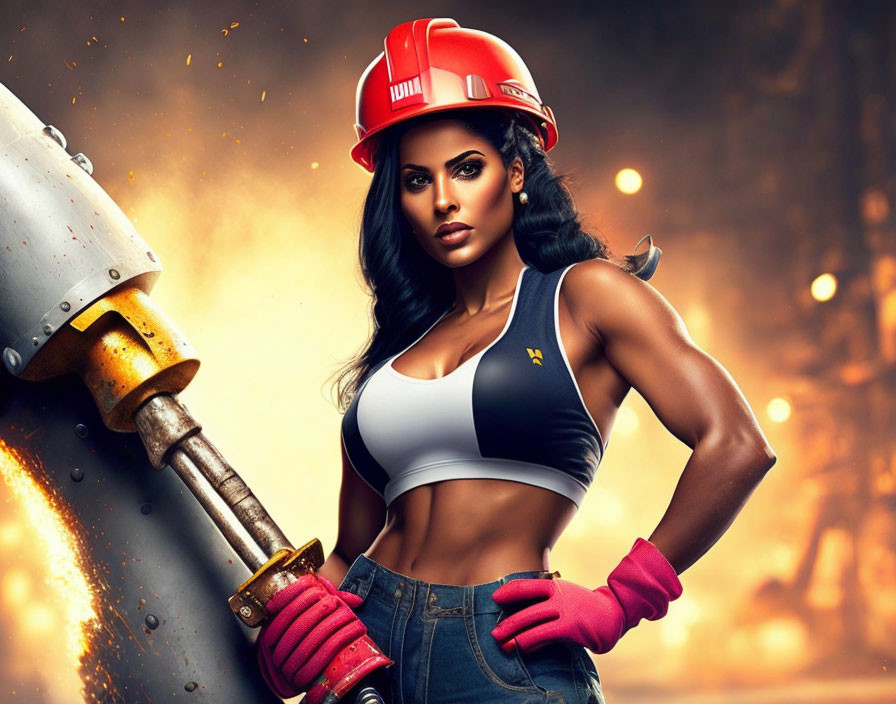 Strong Woman in Hard Hat with Large Wrench and Fiery Sparks