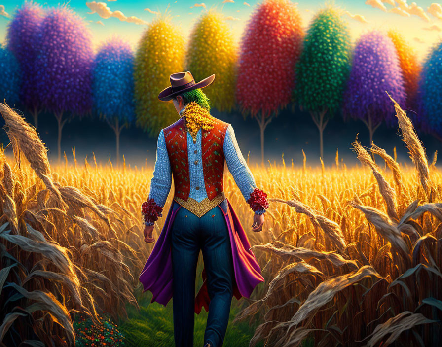 Person in cowboy hat walks through golden wheat field towards vibrant trees at sunset