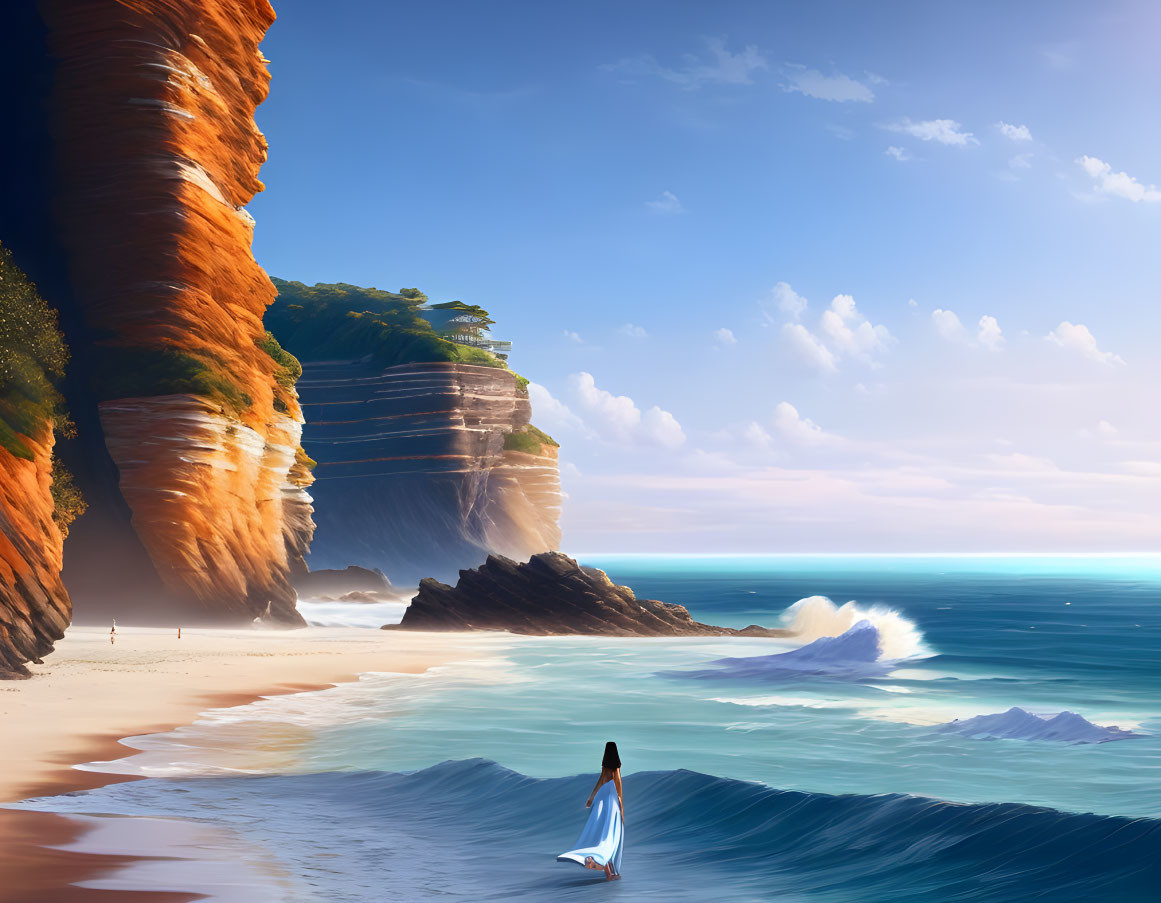 Person in white on sandy beach gazing at sea with towering cliffs and gentle waves