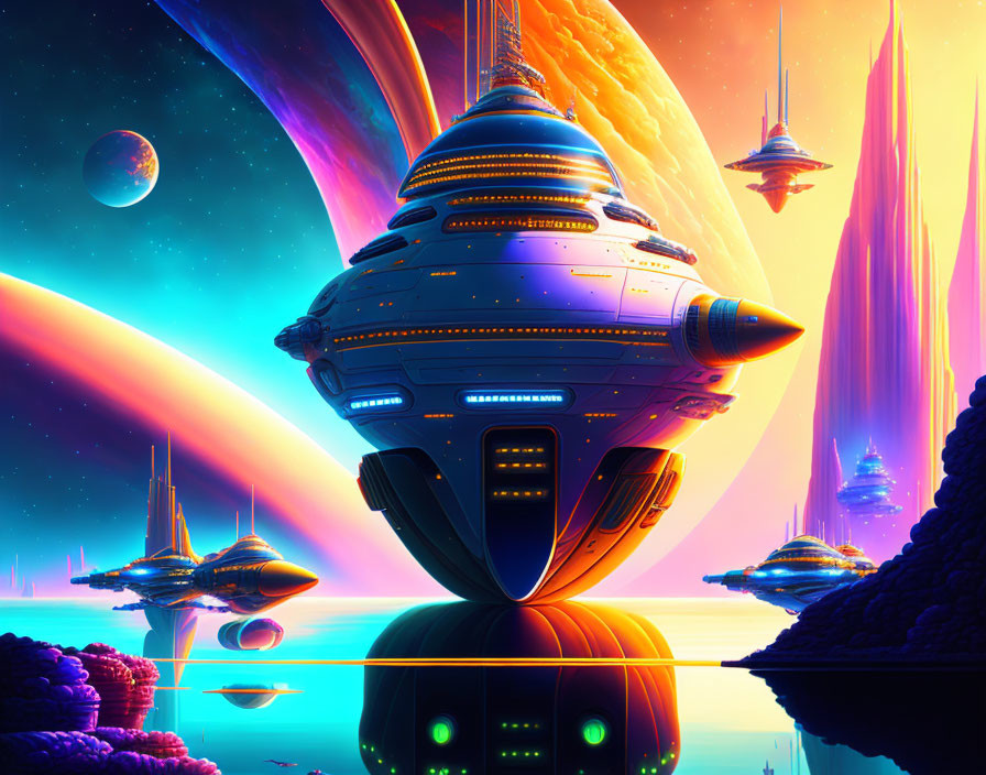 Futuristic sci-fi cityscape with hovering spaceships and alien planets