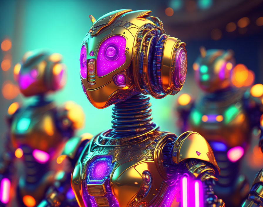 Intricate futuristic robots with glowing purple lights on blue backdrop