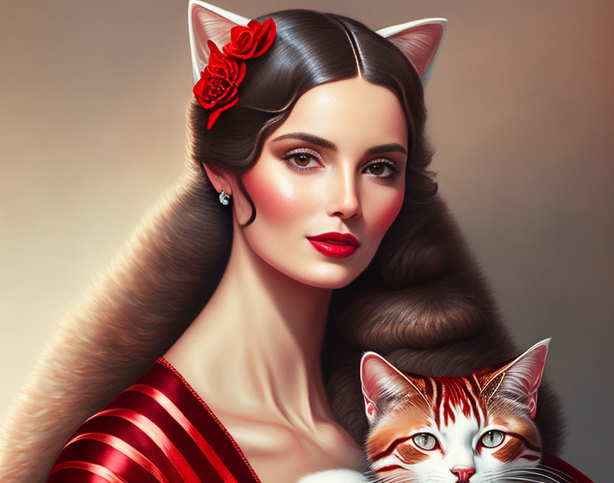 Digital painting of woman with brown hair, red lipstick, rose accessory, and cat with blue eyes.