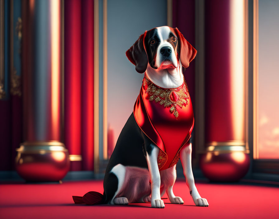 Beagle in Red Ornate Vest Against Luxurious Backdrop