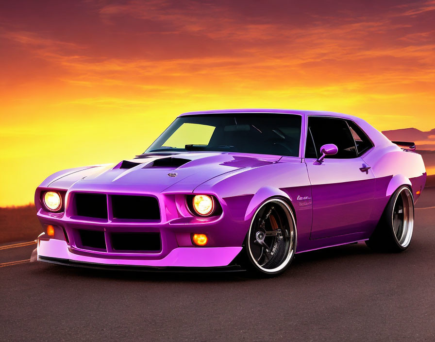 Purple Muscle Car with Retro Design and Prominent Grill in Vibrant Sunset Sky