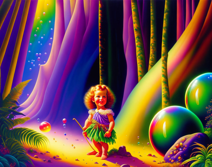 Child in grass skirt smiles in vibrant forest with colorful bubbles