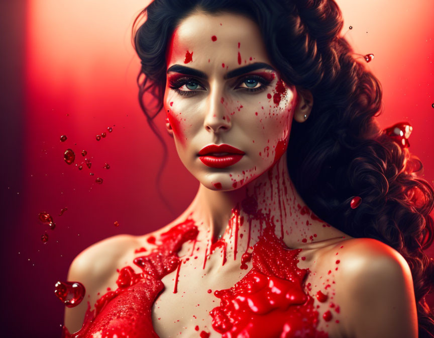 Elaborately made-up woman with splattered red paint for dramatic artistic portrait