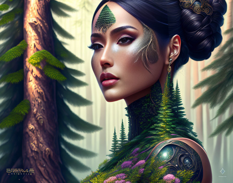 Digital Artwork: Woman with Forest-Themed Makeup and Attire Amid Pine Trees