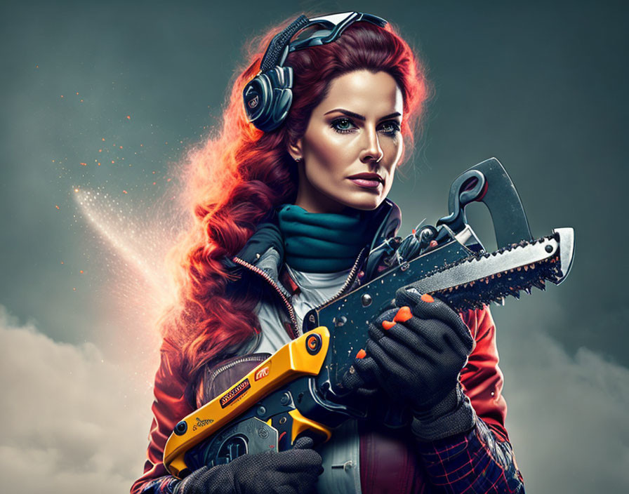 Red-haired woman with headphones holding chainsaw in dramatic setting