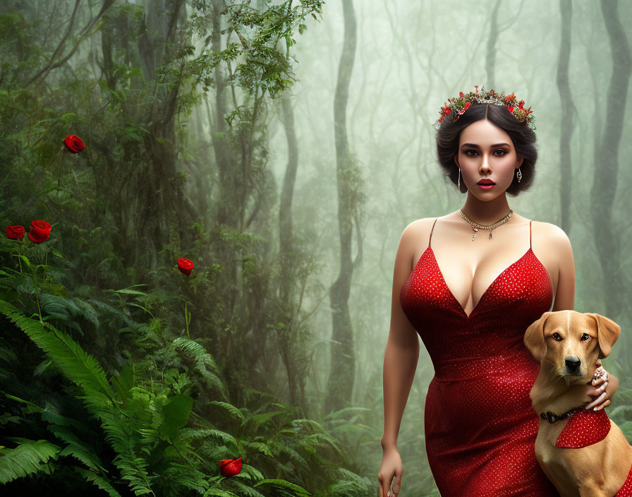 Woman in Red Dress with Floral Crown Holding Small Dog in Misty Forest