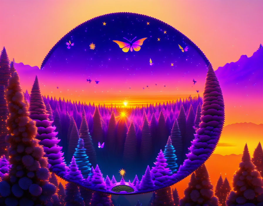 Colorful digital artwork: circular portal, starry night sky, butterflies, purple pine trees, sunset