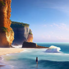 Person in white on sandy beach gazing at sea with towering cliffs and gentle waves