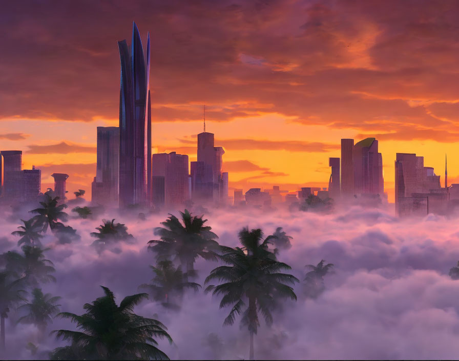 Futuristic city skyline at sunset with misty silhouettes.