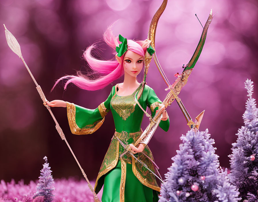 Female archer figurine in pink hair and medieval attire with bow and arrow in pink forest scene