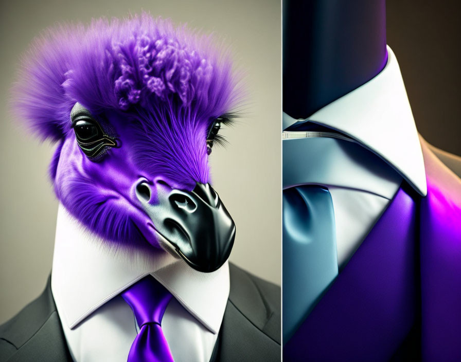 Purple ostrich head on human body in sharp suit - surreal fusion