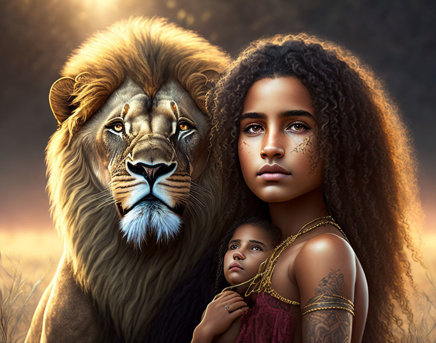 Digital artwork: Young woman with child and lion in golden backdrop