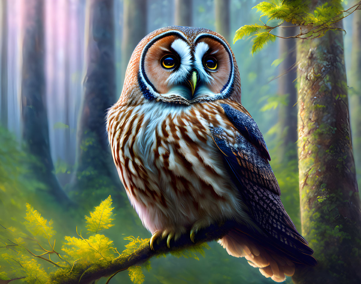 Illustration of owl perched on branch in enchanting forest