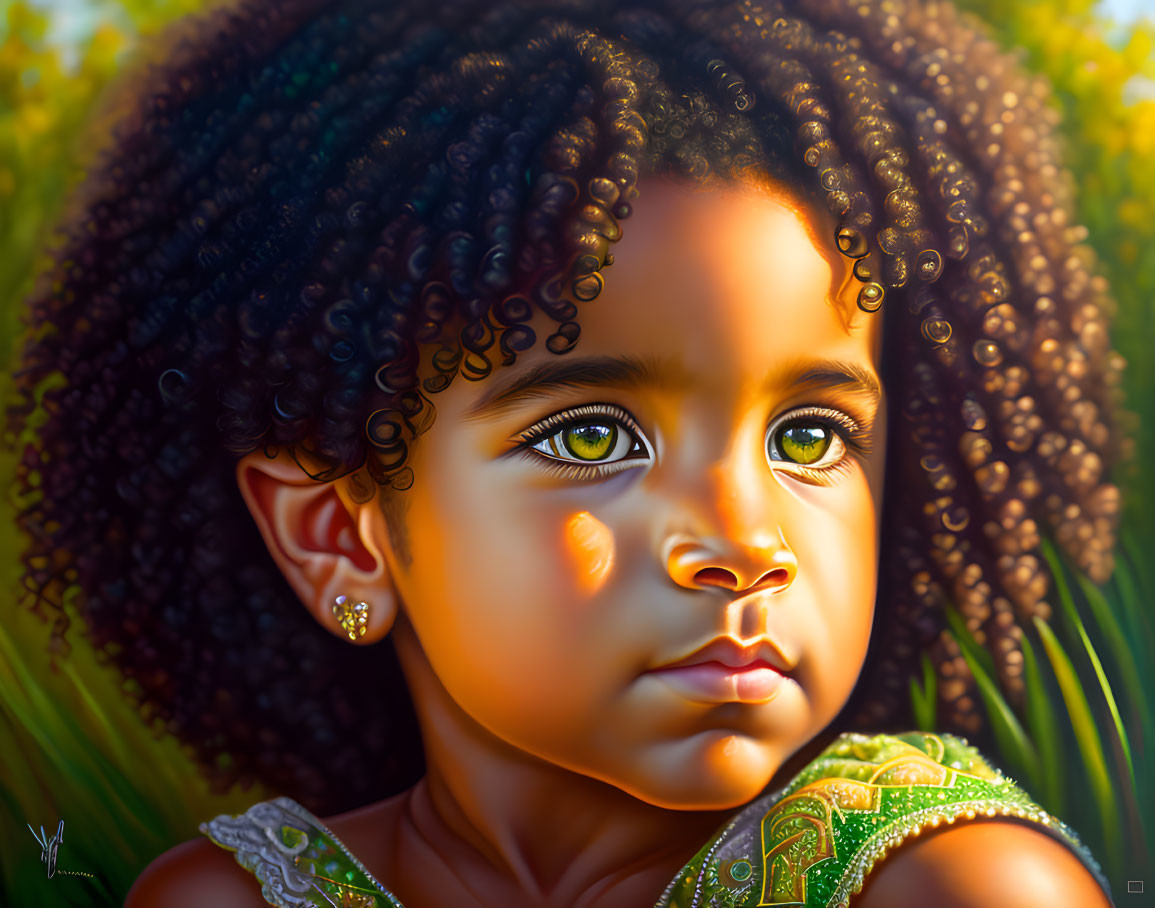 Digital painting of young child with curly hair and expressive eyes in sunlight, green garment.