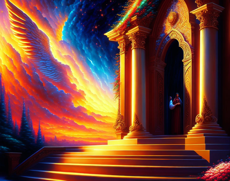 Vibrant digital artwork: Ornate golden door, ethereal figure, cosmic sky.