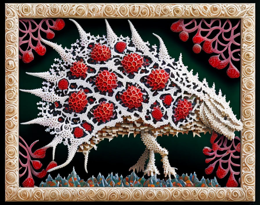 Intricate Dragon Artwork with Floral and Coral Patterns