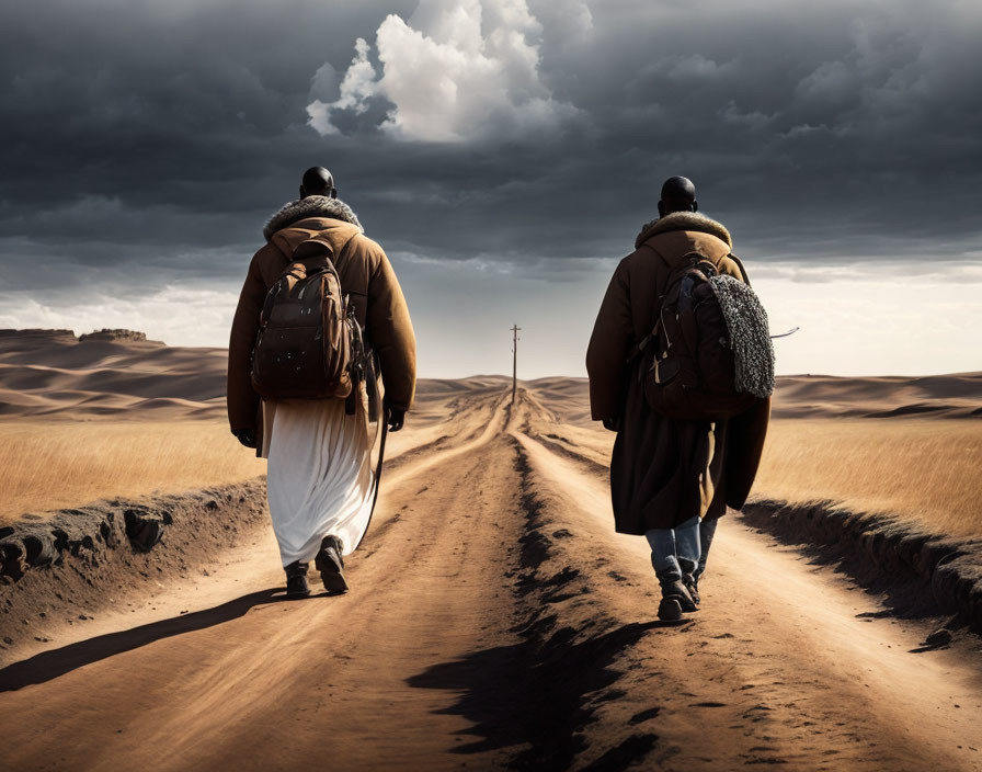 Pair Walking Desert Road Under Dramatic Sky