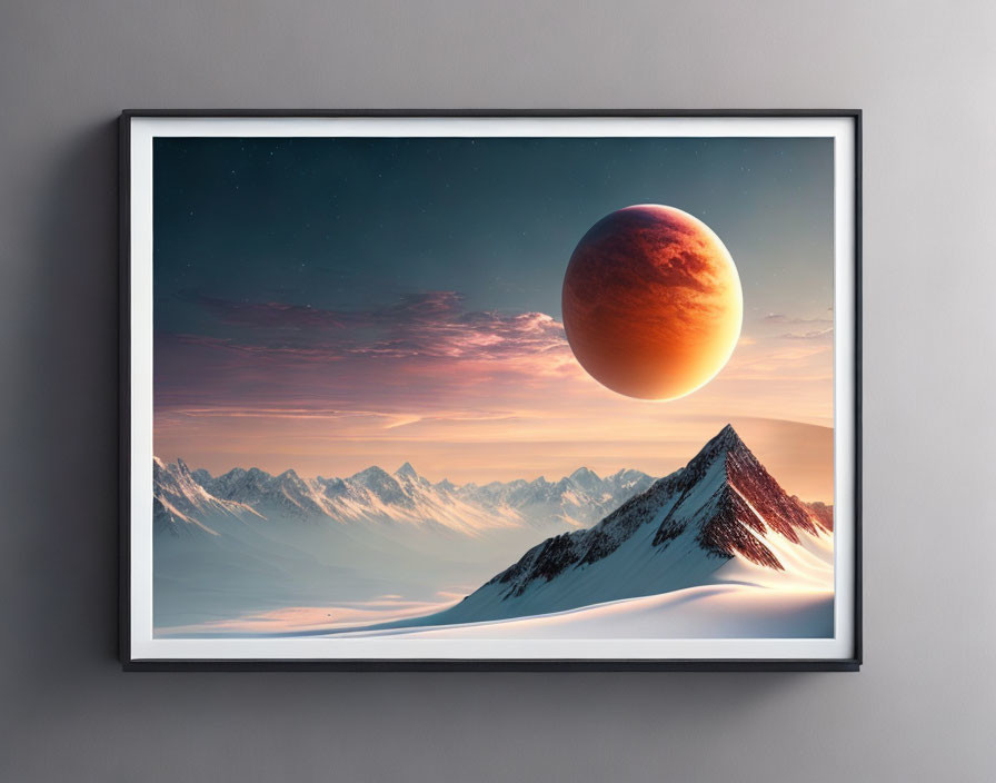 Snow-covered mountains under starry sky with large orange planet - Framed Image