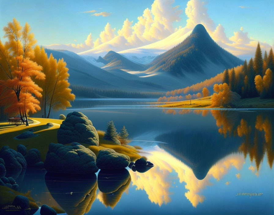 Tranquil autumn lake with snowy mountains and golden trees