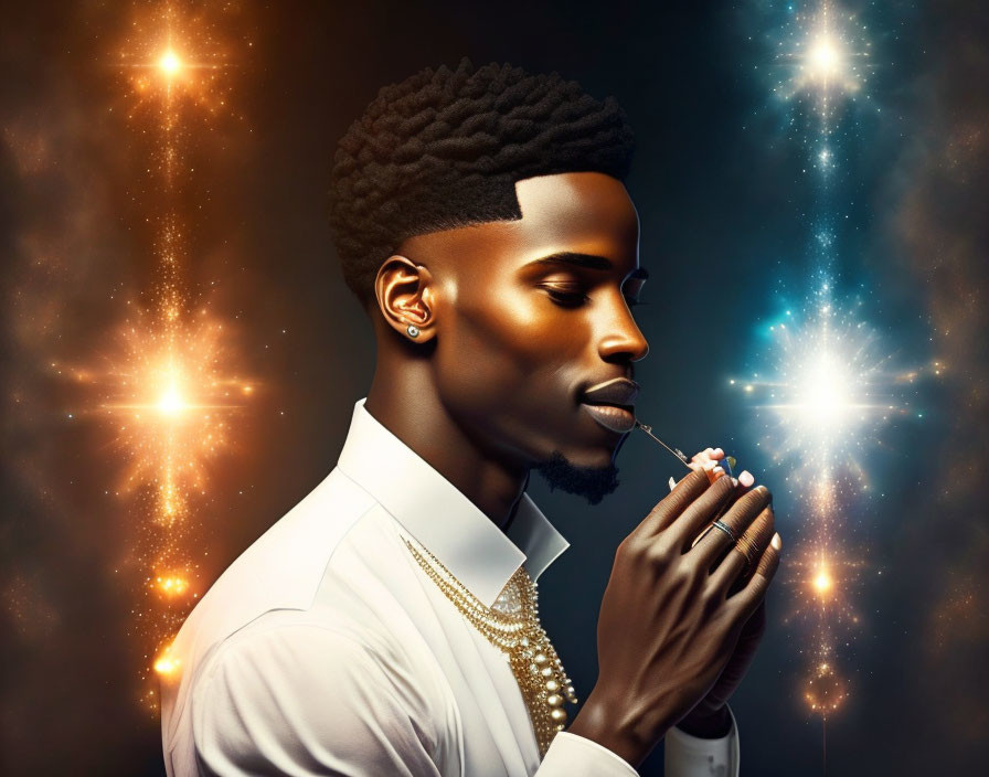 Fashionable man in white shirt and gold jewelry on starry backdrop