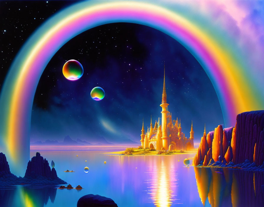 Fantasy landscape with castle, double rainbow, bubbles, and twinkling stars