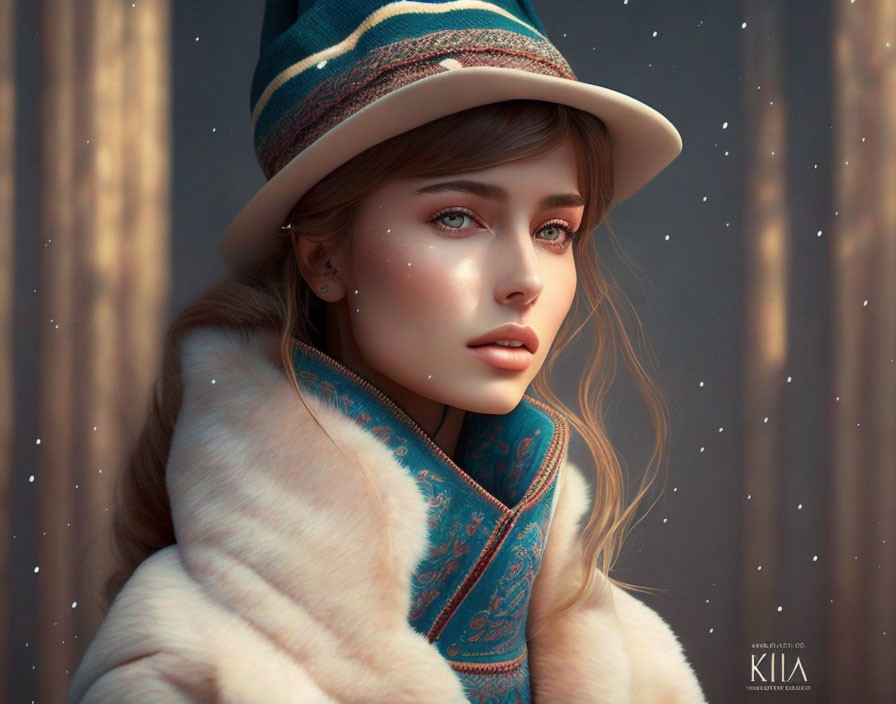 Digital artwork: Woman with blue eyes, freckles, teal hat, white fur coat, snow