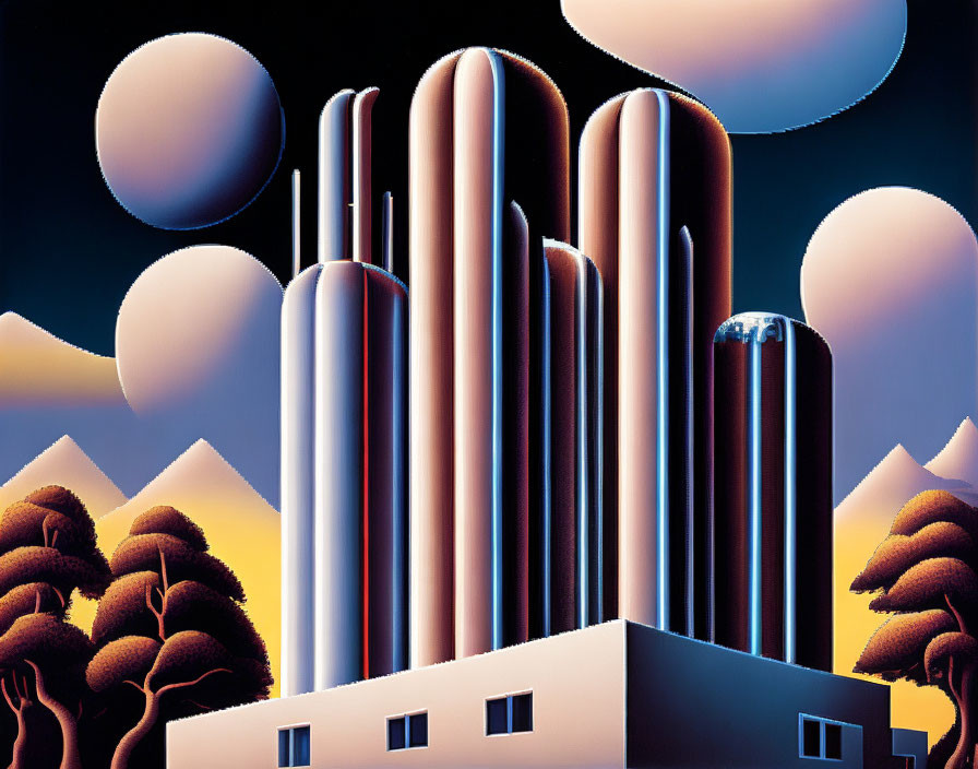 Surreal landscape with stylized trees and cylindrical towers