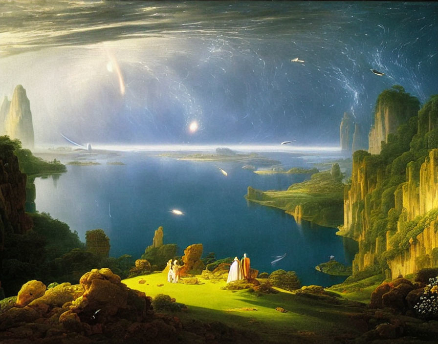 Majestic night sky over lake with cliffs and figures