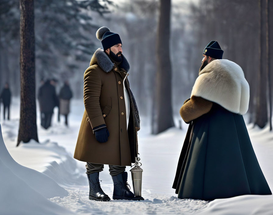 Men in historical winter attire with fur accents talking in snowy forest.